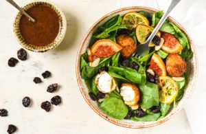Roasted citrus salad with dried tart cherries and fried goat cheese