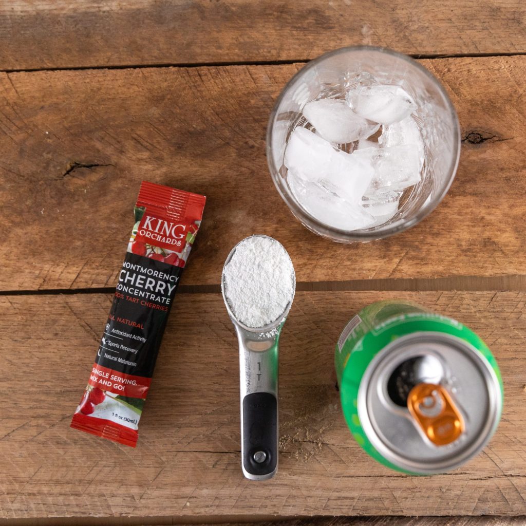Sleepy Girl Mocktail recipe and ingredients with King Orchards Montmorency tart cherry concentrate