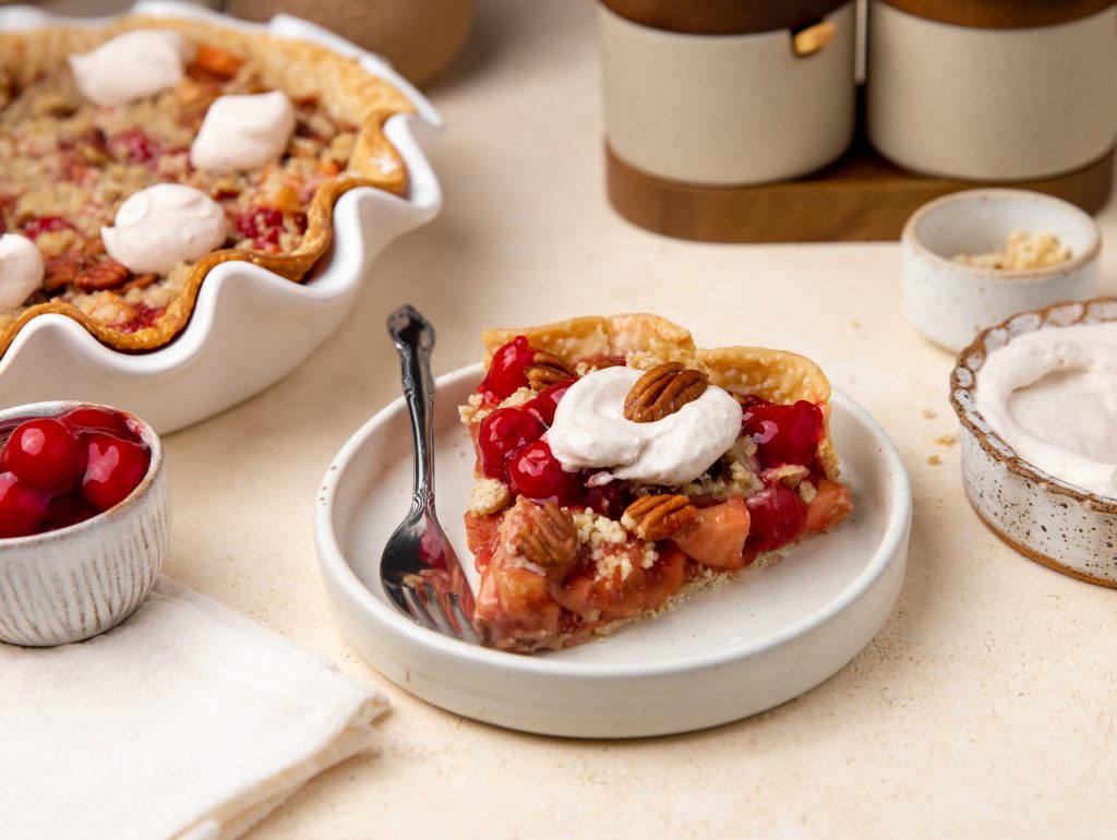 Tart cherry unity pie made with King Orchards tart cherry pie filling and King Orchards apple pie filling