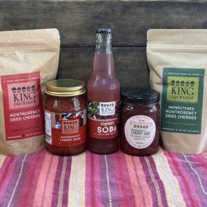 Dried cherries, montmorency cherry salsa, King Orchards cherry soda, and montmorency cherry jam