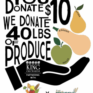 King Orchards Produce Donations graphic showing illustrated pears, squash, and apples with partner logos for Food Rescue of Goodwill Northern Michigan and The Manna Food Project. Text reads ‘Produce Donations by King Orchards.
