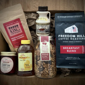 King Orchards Jumbo Michigan Breakfast Box with honey, syrup, jam, dried cherries, coffee, and granola