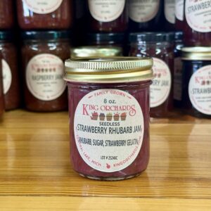 King Orchards Seedless Strawberry-Rhubarb Jam 8 oz jar, family grown in Antrim County Michigan