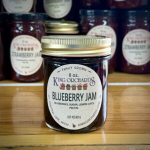 Blueberry Jam in 8 oz glass jar from King Orchards made with real blueberries